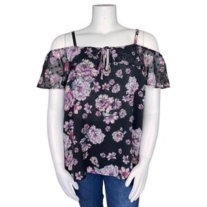 Torrid Floral Cold Off Shoulder Top Womens 2 Black Purple Ruffle Dot Blouse